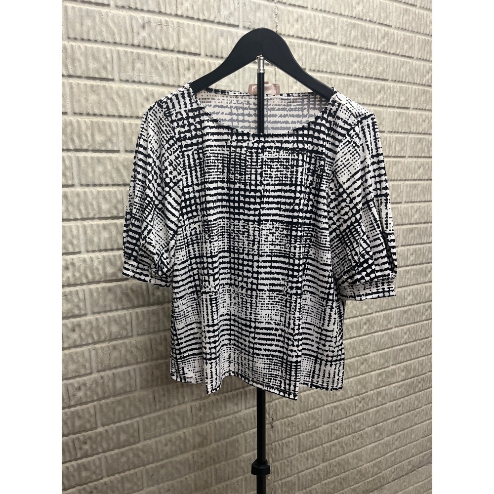 Philosophy Republic Clothing Black White Grid Print Puff Sleeve Scoop Neck Top M